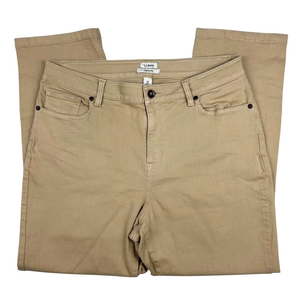 LL Bean Classic Fit Pants Womens 14 Reg Tan Khaki Straight Leg Stretch‎ Casual